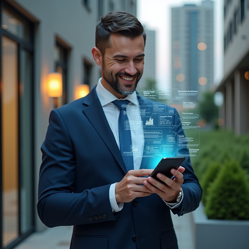 (Ultra-realistic condominium manager in a navy blue tailored suit, set in a modern luxury condominium environment with high-rise buildings and lush green landscaping, holding a smartphone in one hand with holographic icons of notifications, financial charts and automated workflows floating above the screen, smiling confidently as they interact with real-time data, cinematic lighting, shallow depth of field, highly detailed textures, realistic skin, photographic realism, 8k resolution --ar 1:1 --v 6)
