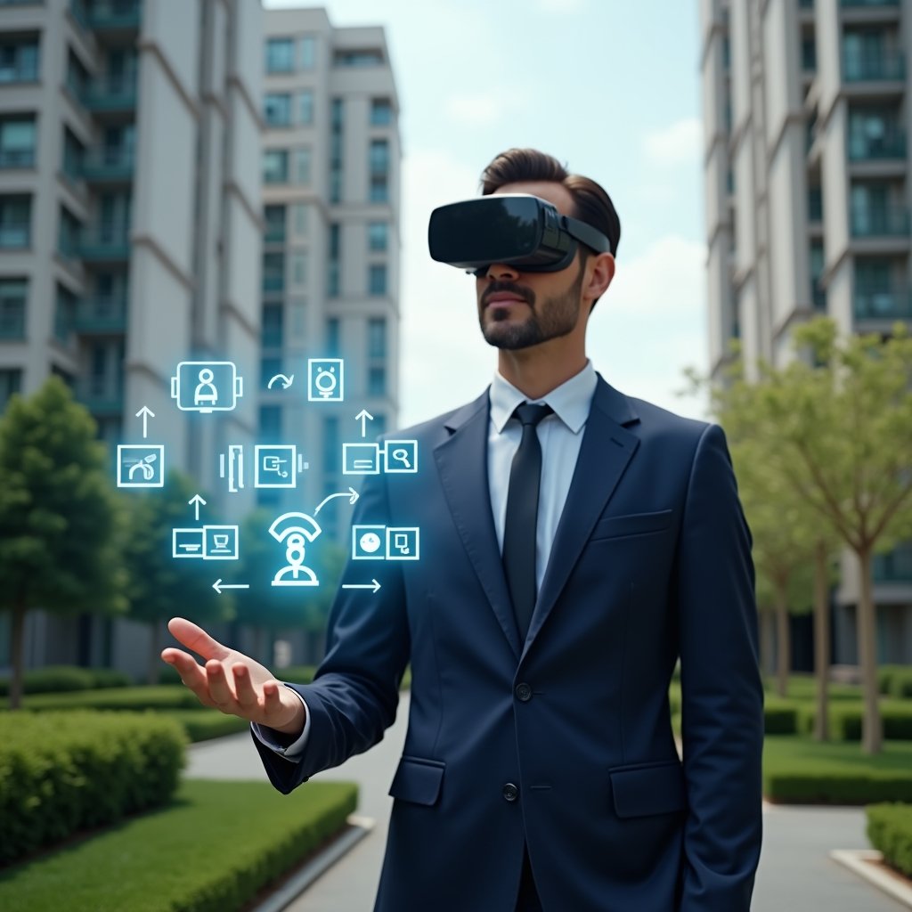 (Ultra-realistic condominium manager in a tailored navy suit, set in a modern luxury condominium environment with high-rise buildings and manicured green landscaping, mid shot, confidently presenting holographic icons of smart lighting, access control, and security camera systems floating above his outstretched hand, cinematic lighting, shallow depth of field, highly detailed textures, realistic skin, photographic realism, 8k resolution --ar 1:1 --v 6)