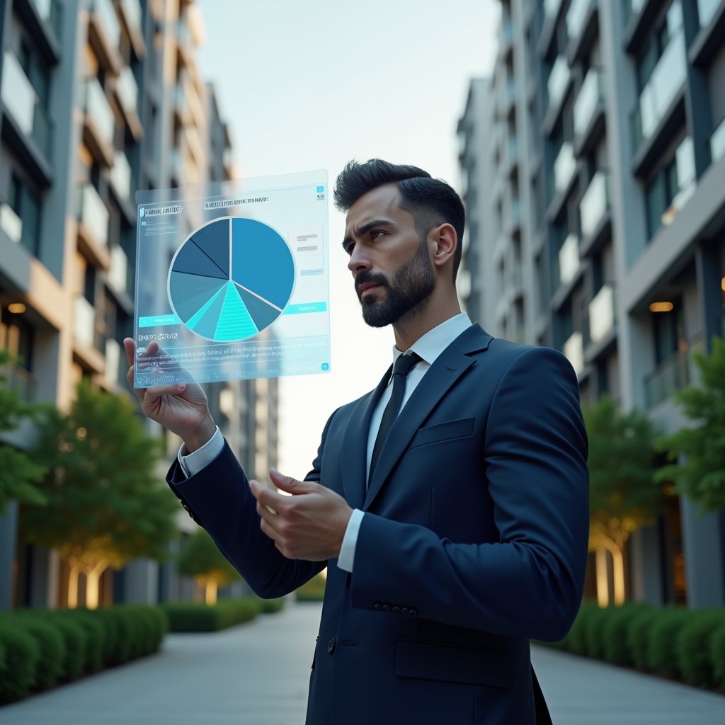(Ultra-realistic condominium manager in a dark blue suit, set in a modern luxury condominium environment with high-rise buildings and manicured green landscaping, reviewing a floating holographic contract and cost-saving pie chart with a confident, focused expression, cinematic lighting, shallow depth of field, highly detailed textures, realistic skin, photographic realism, 8k resolution --ar 1:1 --v 6)