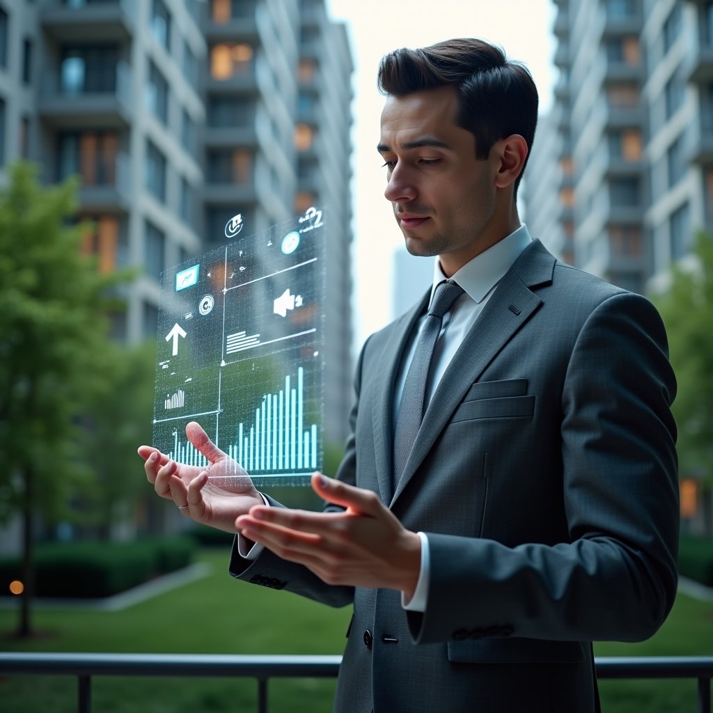 (Ultra-realistic condominium manager in a charcoal gray executive suit, set in a modern luxury condominium environment with high-rise buildings and manicured green landscaping, confidently analyzing holographic financial charts and communication icons floating before them, glowing UI elements symbolizing integrated accounting and messaging systems, cinematic lighting, shallow depth of field, highly detailed textures, realistic skin, photographic realism, 8k resolution --ar 1:1 --v 6)