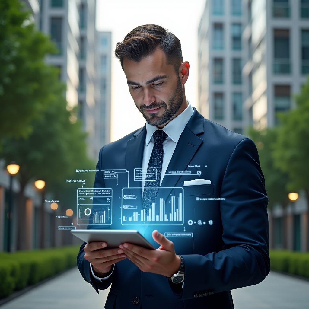 Ultra-realistic professional property manager in a dark blue suit, set in a modern luxury condominium environment with high-rise buildings and well-maintained green landscaping, holding a transparent tablet projecting a holographic dashboard with real-time analytics, floating icons of graphs, financial data and notification symbols, confident focused expression, cinematic lighting, shallow depth of field, highly detailed textures, realistic skin, photographic realism, 8k resolution --ar 1:1 --v 6