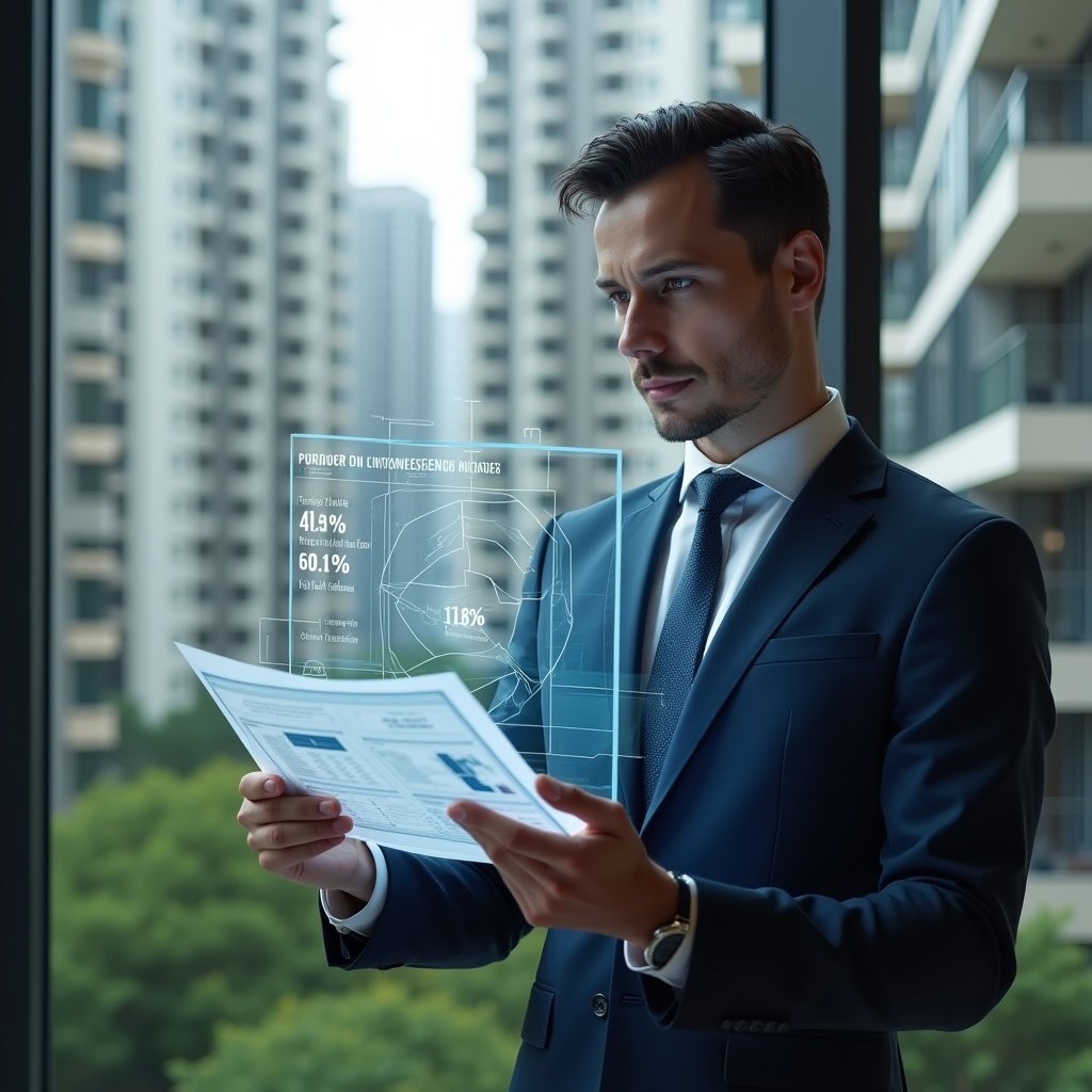 (Ultra-realistic condominium manager in a sharp navy suit, set in a modern luxury condominium environment with high-rise buildings and green landscaping, focused expression as they analyze a holographic blueprint with fractional percentage overlays, holographic pie chart displaying unit shares, cinematic lighting, shallow depth of field, highly detailed textures, realistic skin, photographic realism, 8k resolution --ar 1:1 --v 6)