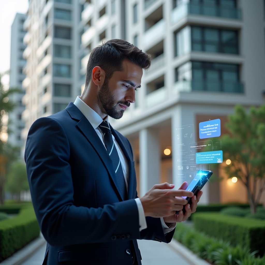 Ultra-realistic condominium manager in a navy tailored suit, set in a modern luxury condominium environment with high-rise buildings and manicured green landscaping, holding a smartphone and reviewing vibrant floating notification holograms representing essential app alarms, confident and focused expression, cinematic lighting, shallow depth of field, highly detailed textures, realistic skin, photographic realism, 8k resolution --ar 1:1 --v 6