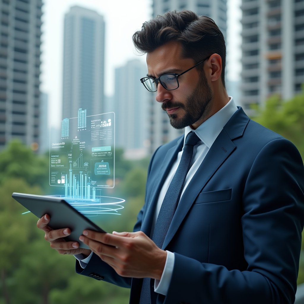 Ultra-realistic property manager in a navy executive suit, set in a modern luxury condominium environment with high-rise buildings and lush green landscaping, reviewing a holographic financial dashboard with floating expense charts and currency icons, looking focused and confident, cinematic lighting, shallow depth of field, highly detailed textures, realistic skin, photographic realism, 8k resolution --ar 1:1 --v 6