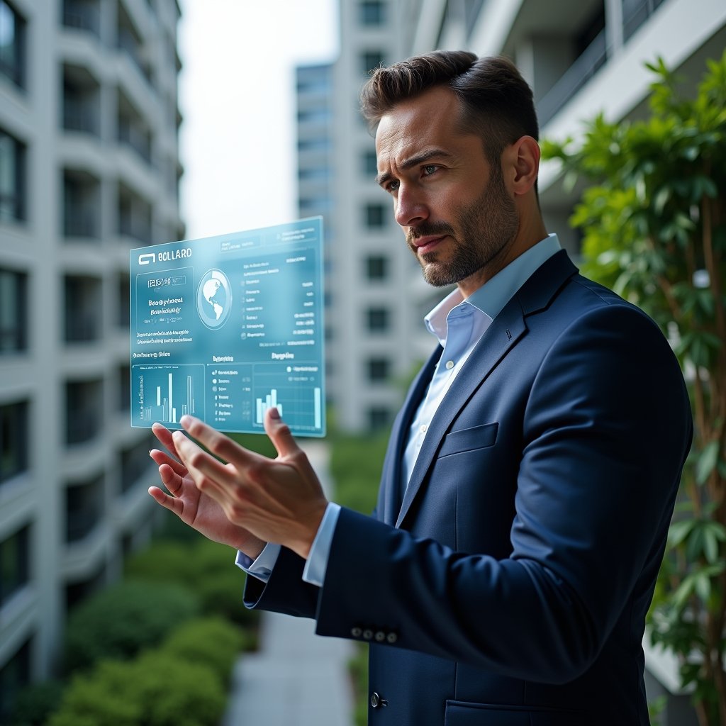 Ultra-realistic property manager in a navy suit, set in a modern luxury condominium environment with high-rise buildings and lush green landscaping, reviewing a holographic financial dashboard displaying pie charts and expense breakdowns, confident and focused expression, cinematic lighting, shallow depth of field, highly detailed textures, realistic skin, photographic realism, 8k resolution --ar 1:1 --v 6