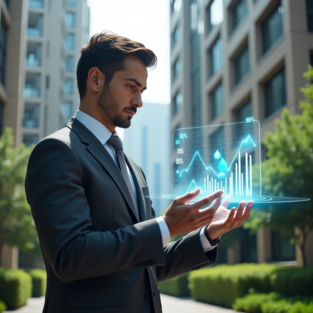 Ultra-realistic condominium manager in a charcoal gray suit, set in a modern luxury condominium environment with high-rise buildings and manicured green landscaping, analyzing a floating holographic budget chart with icons of energy savings and water droplets, confident and focused expression, cinematic lighting, shallow depth of field, highly detailed textures, realistic skin, photographic realism, 8k resolution --ar 1:1 --v 6