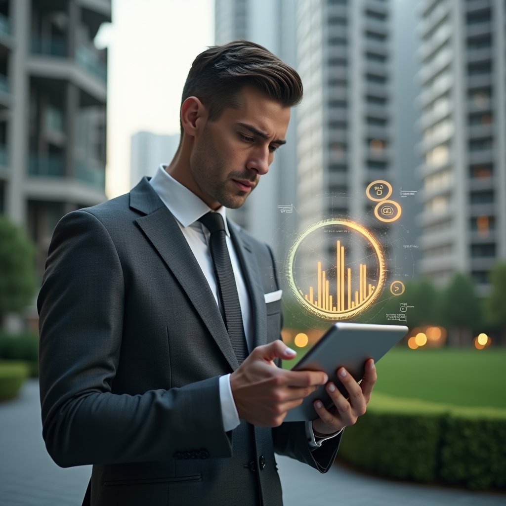 (Ultra-realistic condominium manager in a charcoal gray suit, set in a modern luxury condominium environment with high-rise buildings and manicured green landscaping, examining a transparent holographic budget chart floating above a tablet, confident and thoughtful expression, glowing coin and graph icons symbolizing cost reduction, cinematic lighting, shallow depth of field, highly detailed textures, realistic skin, photographic realism, 8k resolution --ar 1:1 --v 6)
