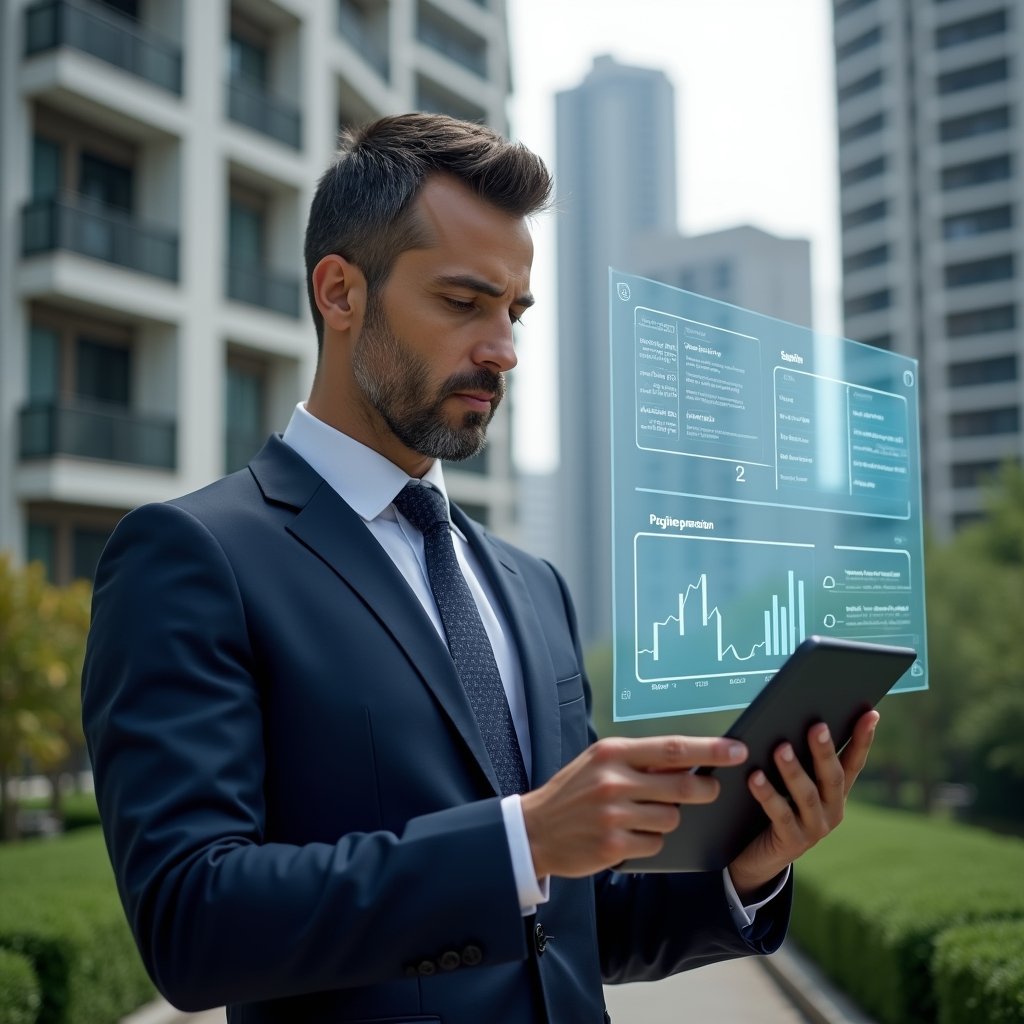 (Ultra-realistic condominium manager in a tailored navy suit, set in a modern luxury condominium environment with high-rise buildings and manicured greenery, reviewing a holographic financial dashboard with floating bar charts and balance sheets, focused and confident expression, cinematic lighting, shallow depth of field, highly detailed textures, realistic skin, photographic realism, 8k resolution --ar 1:1 --v 6)
