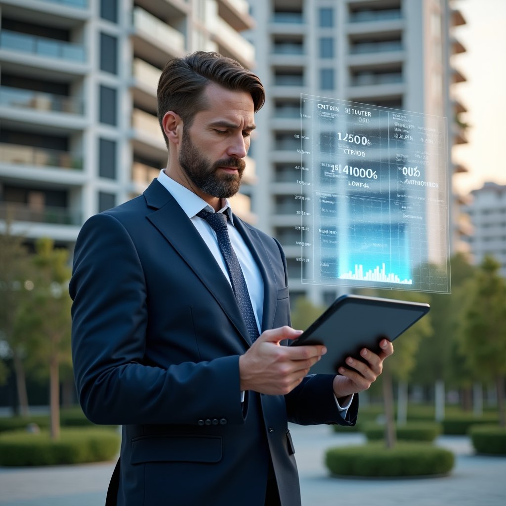 (Ultra-realistic condominium manager in a tailored navy suit, set in a modern luxury condominium environment with high-rise buildings and manicured green landscaping, confidently reviewing a floating holographic budget chart while holding a tablet, digital cost-reduction graphs hovering around, cinematic lighting, shallow depth of field, highly detailed textures, realistic skin, photographic realism, 8k resolution --ar 1:1 --v 6)