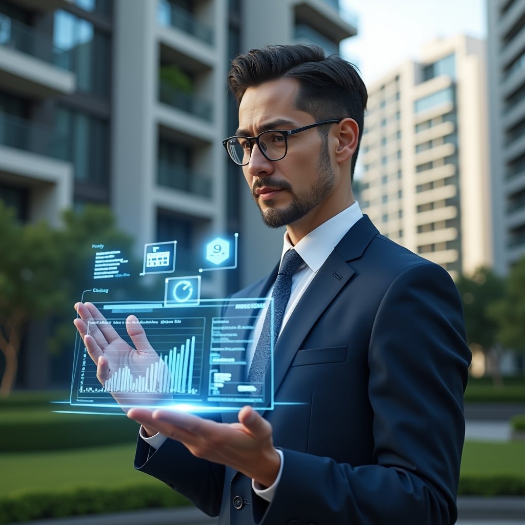 (Ultra-realistic condominium manager in a dark blue executive suit, set in a modern luxury condominium environment with high-rise buildings and lush landscaping, holding and interacting with a holographic interface displaying financial charts, a booking calendar and notification icons, confident and focused expression, floating icons of money, calendar and message bubbles around them, cinematic lighting, shallow depth of field, highly detailed textures, realistic skin, photographic realism, 8k resolution --ar 1:1 --v 6)
