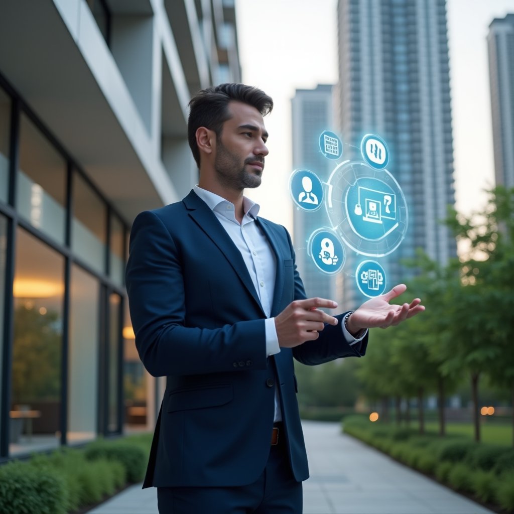 (Ultra-realistic condominium manager in a navy blue executive suit, set in a modern luxury condominium environment with high-rise buildings and lush green landscaping, mid-shot of a confident professional interacting with a floating holographic interface displaying icons for communication, finance, reservations and maintenance, cinematic lighting, shallow depth of field, highly detailed textures, realistic skin, photographic realism, 8k resolution --ar 1:1 --v 6)
