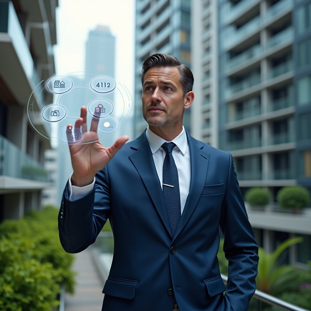 Ultra-realistic condominium manager in a navy blue executive suit, set in a modern luxury condominium environment with high-rise buildings and lush green landscaping, interacting with a floating holographic interface displaying icons for access control, messaging, space reservations and financial charts, confident and focused expression, cinematic lighting, shallow depth of field, highly detailed textures, realistic skin, photographic realism, 8k resolution --ar 1:1 --v 6