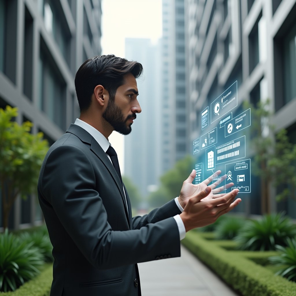 Ultra-realistic condominium manager in a charcoal gray suit, set in a modern luxury condominium environment with high-rise buildings and well-manicured green landscaping, interacting with a floating holographic interface displaying icons for financial reports, booking calendars, security camera feeds and maintenance alerts, looking confident and focused, cinematic lighting, shallow depth of field, highly detailed textures, realistic skin, photographic realism, 8k resolution --ar 1:1 --v 6