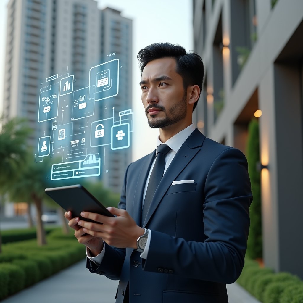 (Ultra-realistic condominium manager in a tailored navy suit, set in a modern luxury condominium environment with high-rise buildings and meticulously landscaped greenery, holding a tablet displaying a floating holographic dashboard of app icons representing communication, finance, reservations and maintenance, confident and focused expression, cinematic lighting, shallow depth of field, highly detailed textures, realistic skin, photographic realism, 8k resolution --ar 1:1 --v 6)