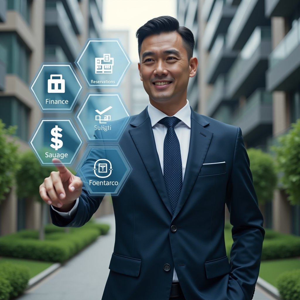 Ultra-realistic professional condominium manager in a tailored navy suit, set in a modern luxury condominium environment with high-rise buildings and meticulously landscaped gardens, interacting with a floating holographic interface displaying icons for finance, reservations, messaging, and maintenance, confident and focused expression, cinematic lighting, shallow depth of field, highly detailed textures, realistic skin, photographic realism, 8k resolution --ar 1:1 --v 6