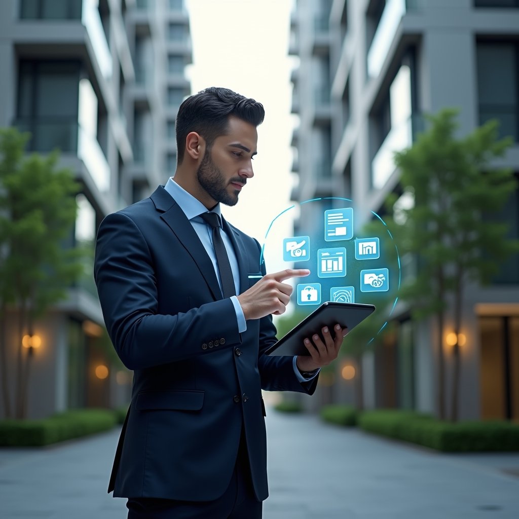 Ultra-realistic condominium manager in a tailored navy suit, set in a modern luxury condominium environment with high-rise buildings and lush green landscaping, holding a digital tablet displaying holographic icons of chat bubbles, financial graphs, security locks and booking calendars, confidently pointing at one icon while surveying the scene, subtle futuristic hologram overlays symbolizing efficient communication, finance and safety management, cinematic lighting, shallow depth of field, highly detailed textures, realistic skin, photographic realism, 8k resolution --ar 1:1 --v 6