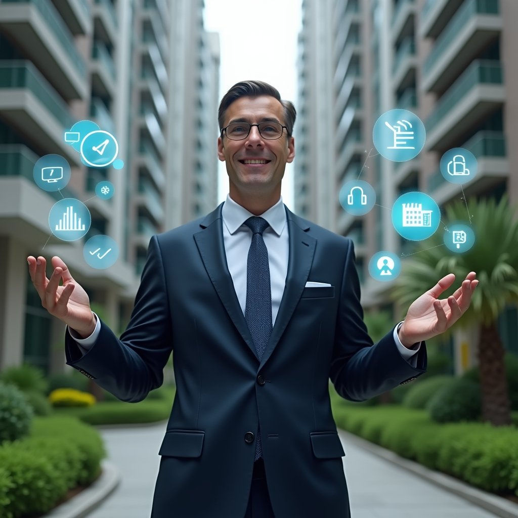 (Ultra-realistic condominium manager in a tailored navy suit, set in a modern luxury condominium environment with high-rise buildings and lush green landscaping, standing in a medium shot and confidently interacting with floating holographic icons representing real-time chat, access control padlock, financial charts and calendar reservations, cinematic lighting, shallow depth of field, highly detailed textures, realistic skin, photographic realism, 8k resolution --ar 1:1 --v 6)