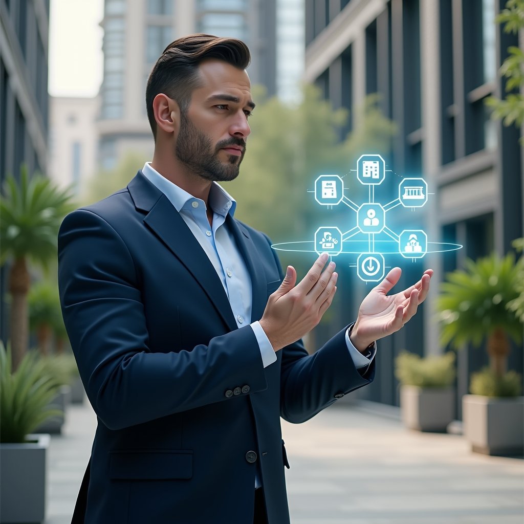Ultra-realistic property manager in a tailored navy suit, set in a modern luxury condominium environment with high-rise buildings and manicured green landscaping, standing in a sleek lobby and interacting with a floating holographic interface displaying icons for financial dashboards, maintenance requests, space reservations and push notifications, confident expression, cinematic lighting, shallow depth of field, highly detailed textures, realistic skin, photographic realism, 8k resolution --ar 1:1 --v 6