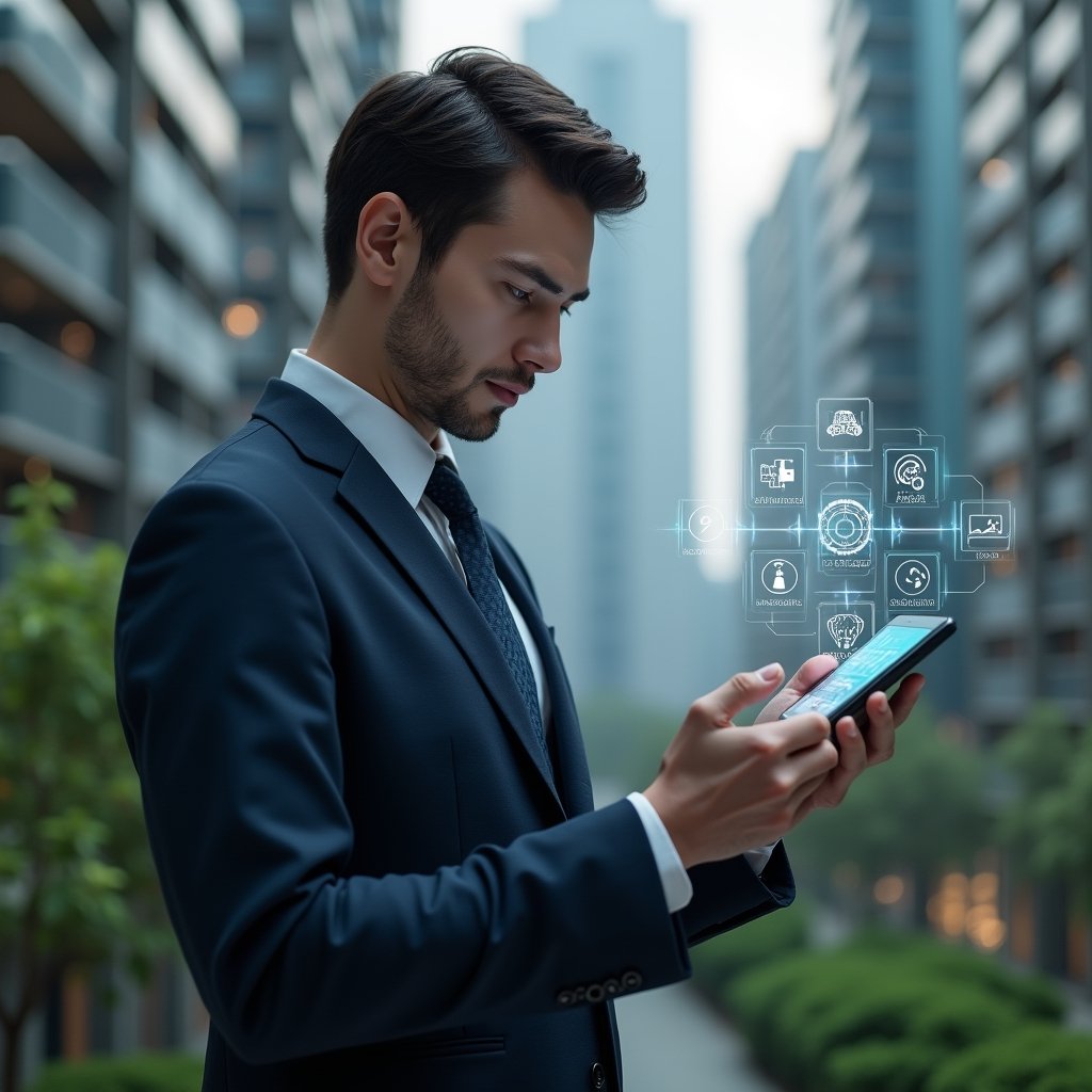 (Ultra-realistic condominium manager in a tailored dark blue suit, set in a modern luxury condominium environment with high-rise buildings and lush green landscaping, examining a floating holographic smartphone interface displaying icons for access control, reservations, notifications and financial charts, confident and focused expression, cinematic lighting, shallow depth of field, highly detailed textures, realistic skin, photographic realism, 8k resolution --ar 1:1 --v 6)