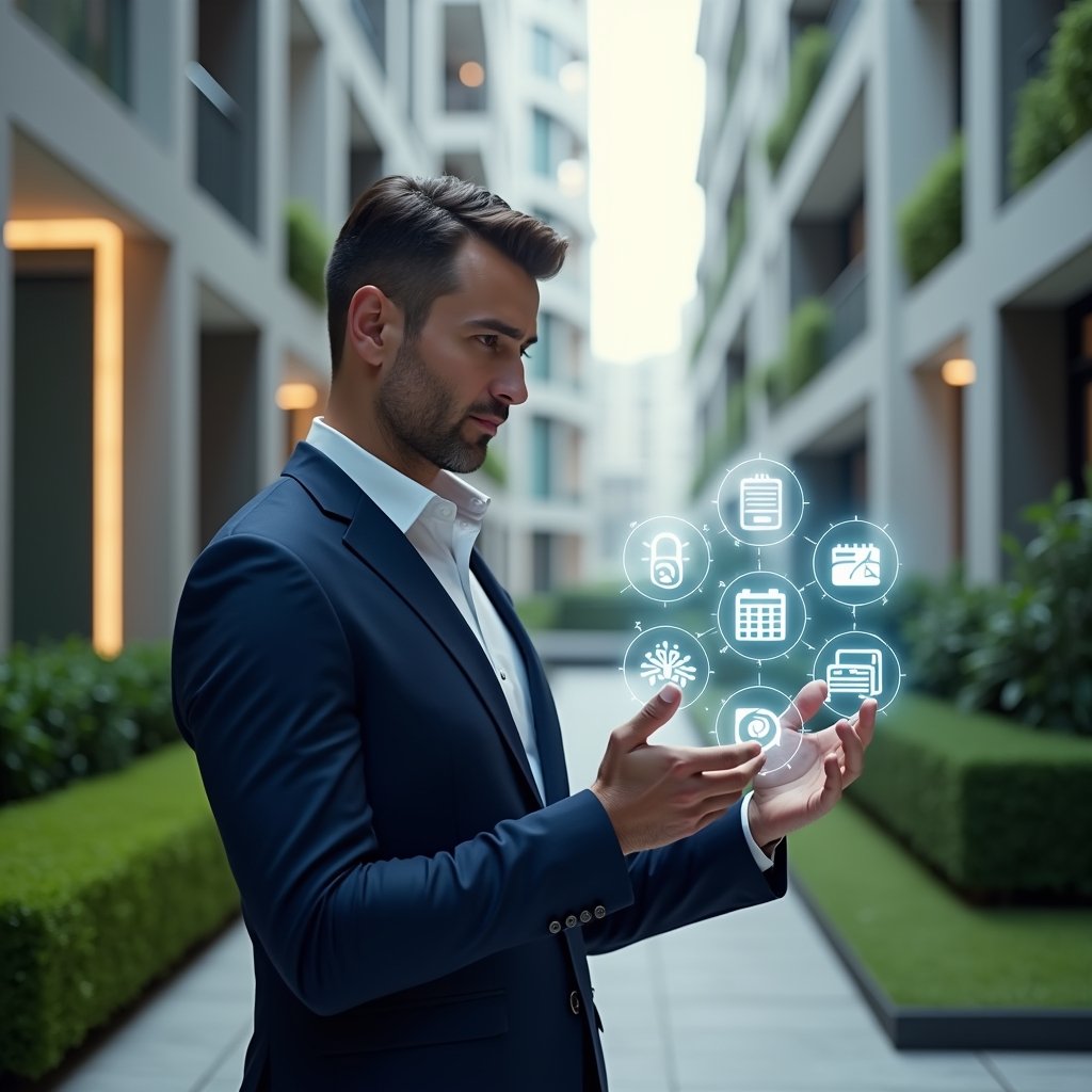 Ultra-realistic condominium property manager in a tailored navy suit, set in a modern luxury condominium environment with high-rise buildings and manicured green landscaping, medium shot of a confident professional analyzing a floating holographic interface displaying icons for finances, calendar alerts, access control and messaging, cinematic lighting, shallow depth of field, highly detailed textures, realistic skin, photographic realism, 8k resolution --ar 1:1 --v 6