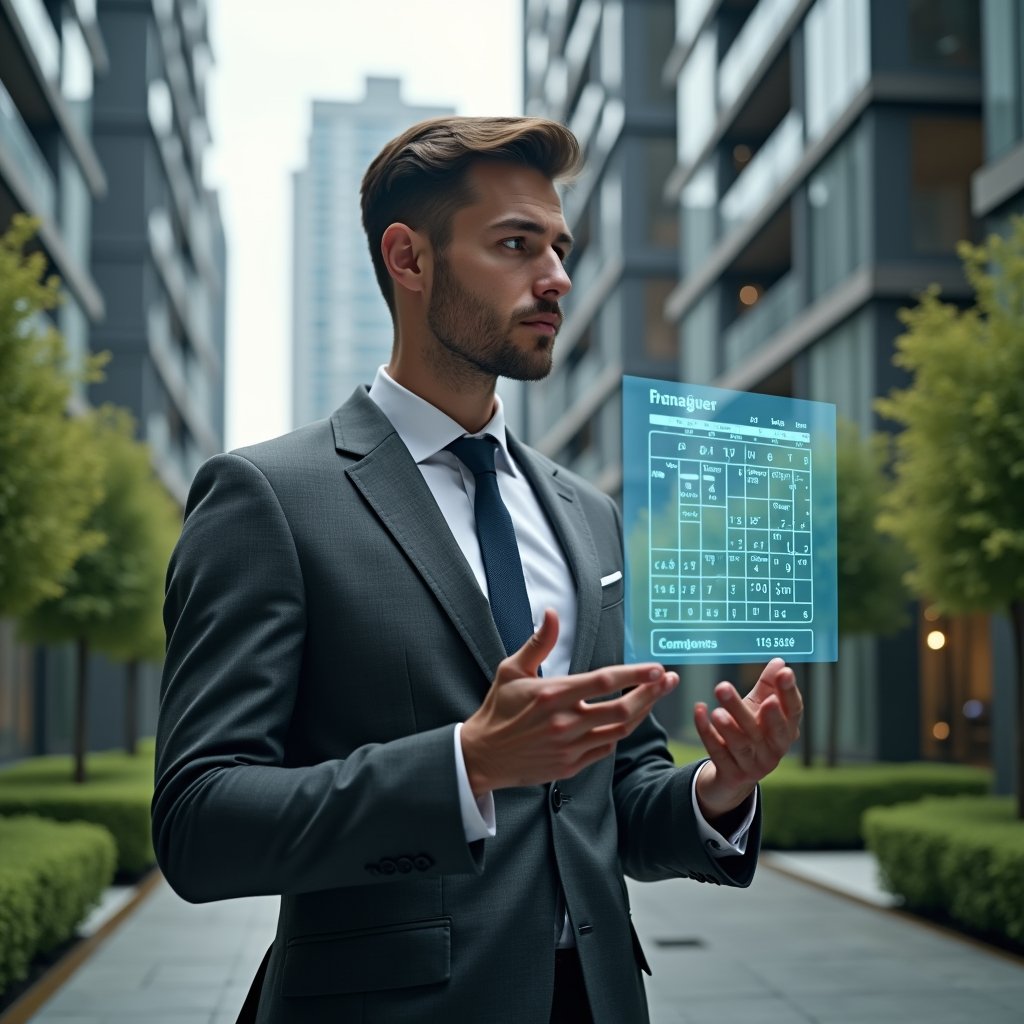 (Ultra-realistic condo manager in a charcoal gray tailored suit, set in a modern luxury condominium environment with high-rise buildings and manicured greenery, studying a holographic activity schedule with a confident and analytical expression, a floating translucent calendar icon and digital timeline overlay beside them, cinematic lighting, shallow depth of field, highly detailed textures, realistic skin, photographic realism, 8k resolution --ar 1:1 --v 6)
