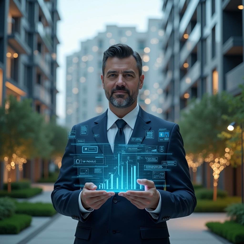 (Ultra-realistic condominium manager in a dark blue suit, set in a modern luxury condominium environment with high-rise buildings and meticulously landscaped greenery, holding a holographic display of financial charts and an interactive task timeline, surrounded by floating icons of invoices and calendar schedules, confident and focused expression, cinematic lighting, shallow depth of field, highly detailed textures, realistic skin, photographic realism, 8k resolution --ar 1:1 --v 6)