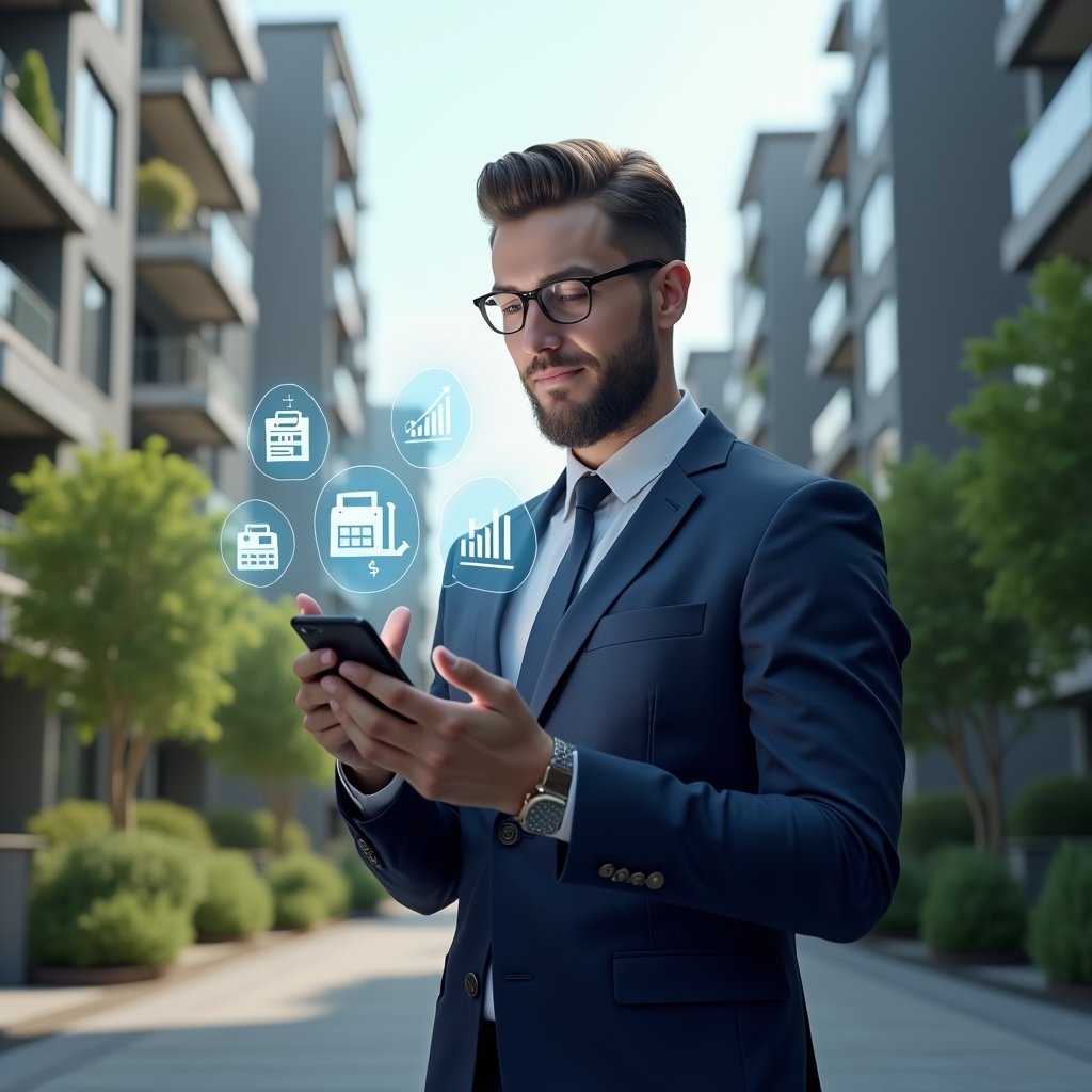Ultra-realistic property manager in a navy executive suit, set in a modern luxury condominium environment with high-rise buildings and lush green landscaping, mid-shot of a confident building manager holding a smartphone and tapping on floating holographic icons (calendar, chat bubbles, financial chart) representing a condominium management app, cinematic lighting, shallow depth of field, highly detailed textures, realistic skin, photographic realism, 8k resolution --ar 1:1 --v 6