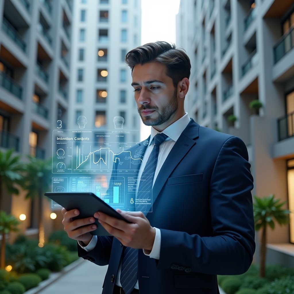 Ultra-realistic condominium manager in a navy blue suit, set in a modern luxury condominium environment with high-rise buildings and meticulously landscaped gardens, medium shot of a confident professional analyzing a transparent holographic financial dashboard displaying downward cost curves and budget charts, holding a tablet, floating icons of graphs and currency symbols around, cinematic lighting, shallow depth of field, highly detailed textures, realistic skin, photographic realism, 8k resolution --ar 1:1 --v 6