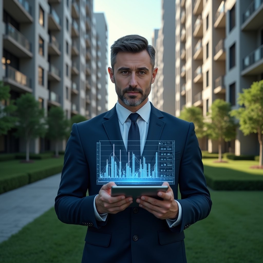 Ultra-realistic condominium manager in a navy blue executive suit, set in a modern luxury condominium environment with high-rise buildings and meticulously landscaped greenery, holding a tablet displaying holographic financial charts and automated reports, confident and focused expression, cinematic lighting, shallow depth of field, highly detailed textures, realistic skin, photographic realism, 8k resolution --ar 1:1 --v 6
