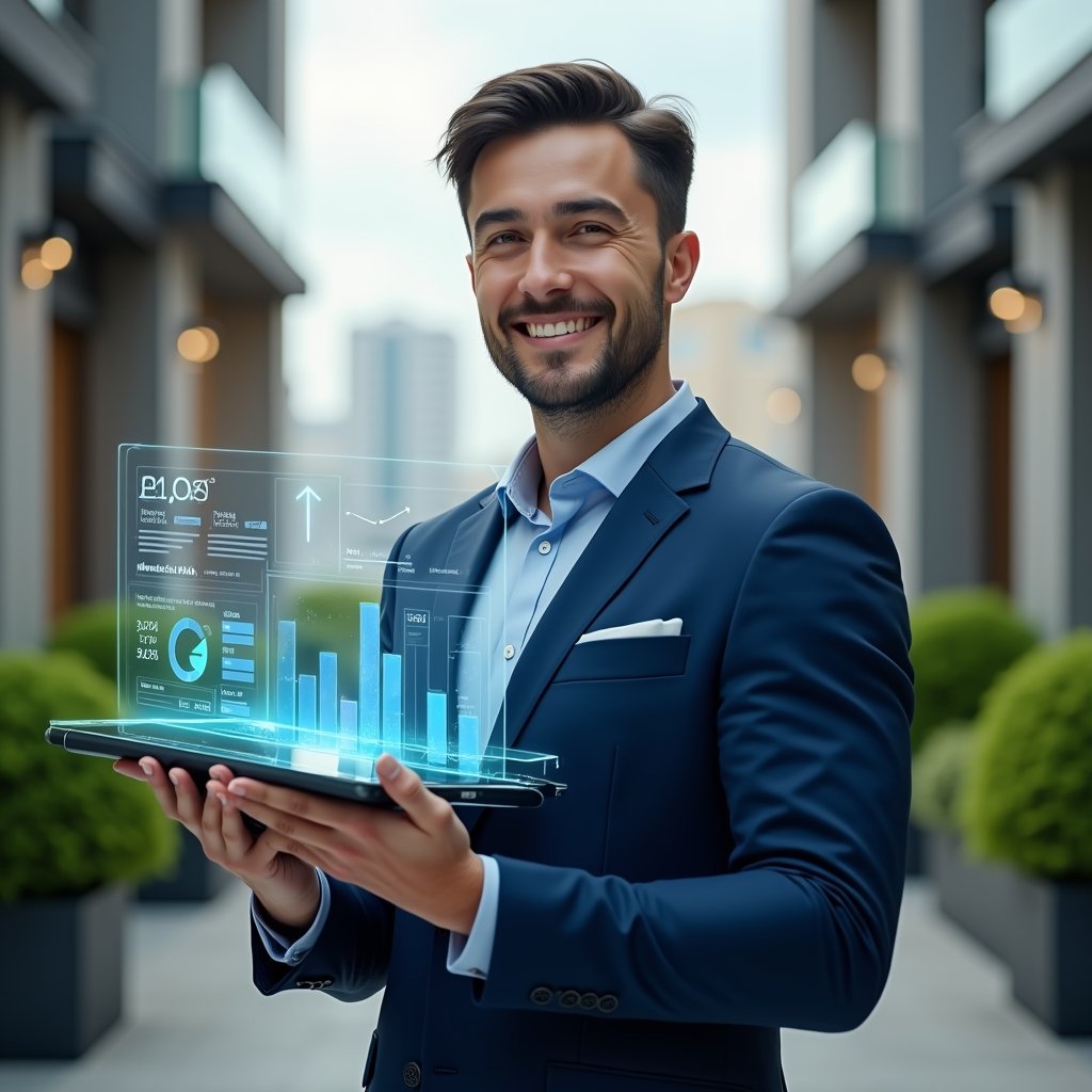 (Ultra-realistic condominium manager in a navy blue suit, set in a modern luxury condominium environment with high-rise buildings and manicured green landscaping, presenting holographic financial reports with a confident expression, holding a transparent tablet displaying bar graphs and pie charts, cinematic lighting, shallow depth of field, highly detailed textures, realistic skin, photographic realism, 8k resolution --ar 1:1 --v 6)