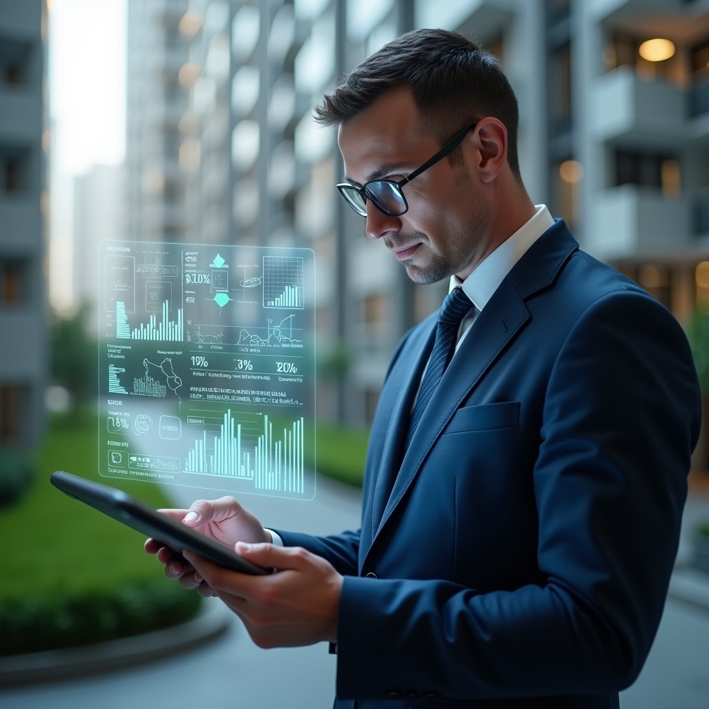 (Ultra-realistic condominium manager in a dark blue suit, set in a modern luxury condominium environment with high-rise buildings and manicured green landscaping, examining floating holographic financial charts and indicators above a tablet, confident and focused expression, holographic icons of cash flow, reserve fund and delinquency rates, cinematic lighting, shallow depth of field, highly detailed textures, realistic skin, photographic realism, 8k resolution --ar 1:1 --v 6)