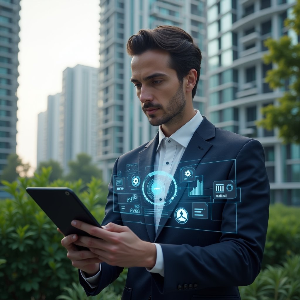 Ultra-realistic condominium manager in a dark navy executive suit, set in a modern luxury condominium environment with high-rise buildings and lush green landscaping, holding a tablet and interacting with a holographic digital dashboard displaying charts and app icons, confident expression, symbols of automation and connectivity floating around (gear icons, notification badges), cinematic lighting, shallow depth of field, highly detailed textures, realistic skin, photographic realism, 8k resolution --ar 1:1 --v 6