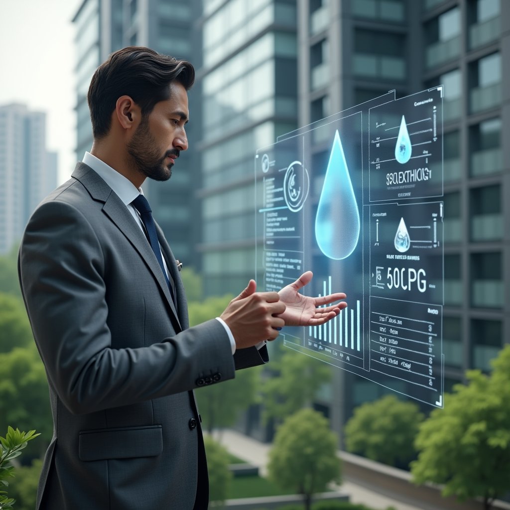 Ultra-realistic condominium manager in a tailored gray suit, set in a modern luxury condominium environment with high-rise buildings and lush green landscaping, medium shot of a confident professional analyzing a holographic dashboard displaying water droplet, energy bolt and cleaning icons alongside expense charts, cinematic lighting, shallow depth of field, highly detailed textures, realistic skin, photographic realism, 8k resolution --ar 1:1 --v 6