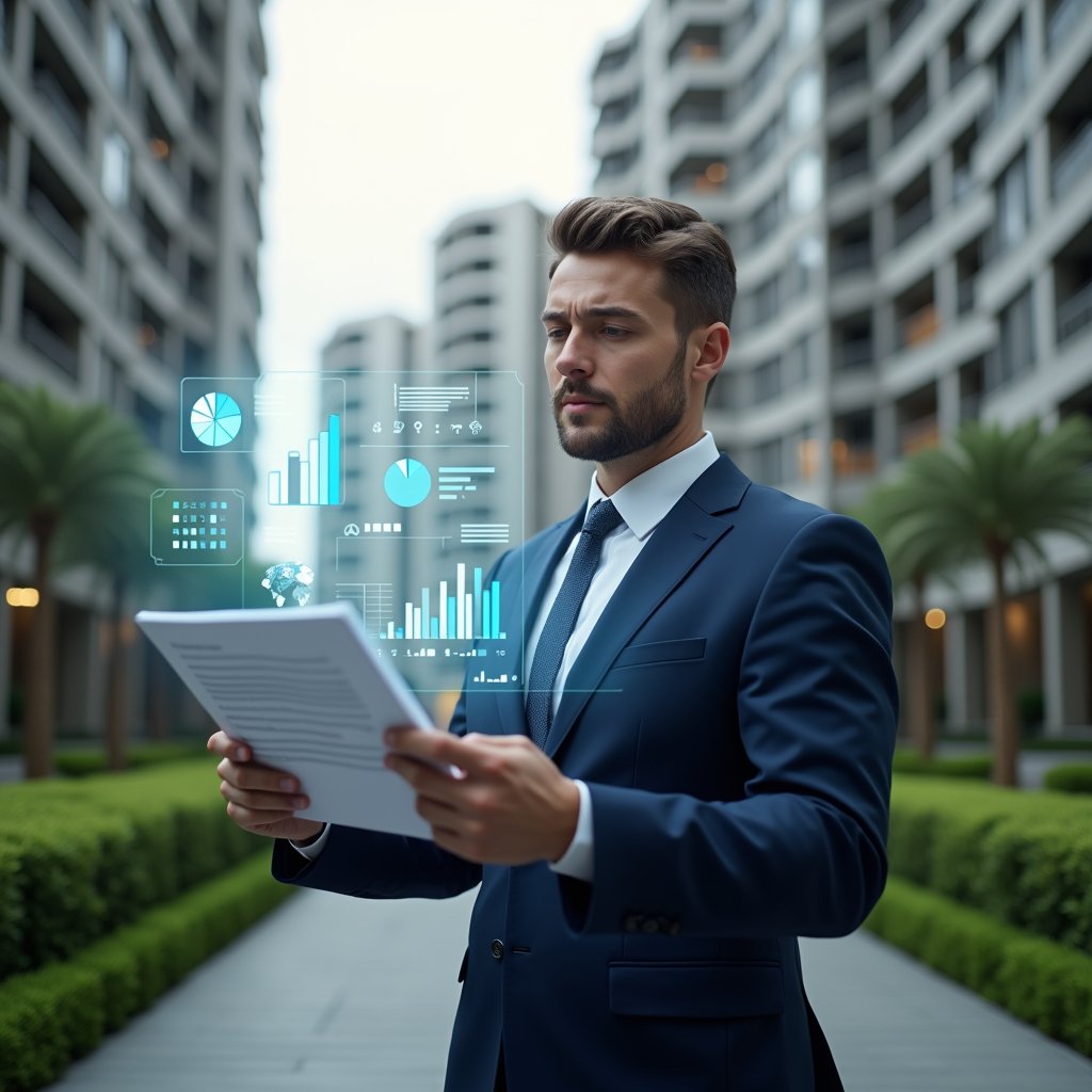 Ultra-realistic condominium manager in a navy suit, set in a modern luxury condominium environment with high-rise buildings and manicured green landscaping, mid-shot analyzing a holographic financial report with floating pie charts and bar graphs, transparent accounting icons hovering beside him, confident and focused expression, cinematic lighting, shallow depth of field, highly detailed textures, realistic skin, photographic realism, 8k resolution --ar 1:1 --v 6