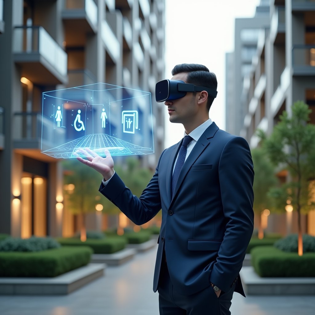 Ultra-realistic condominium manager in a navy blue suit, set in a modern luxury condominium environment with high-rise buildings and lush green landscaping, standing confidently and interacting with a floating holographic display of accessibility icons (ramp, tactile flooring, elevator), cinematic lighting, shallow depth of field, highly detailed textures, realistic skin, photographic realism, 8k resolution --ar 1:1 --v 6