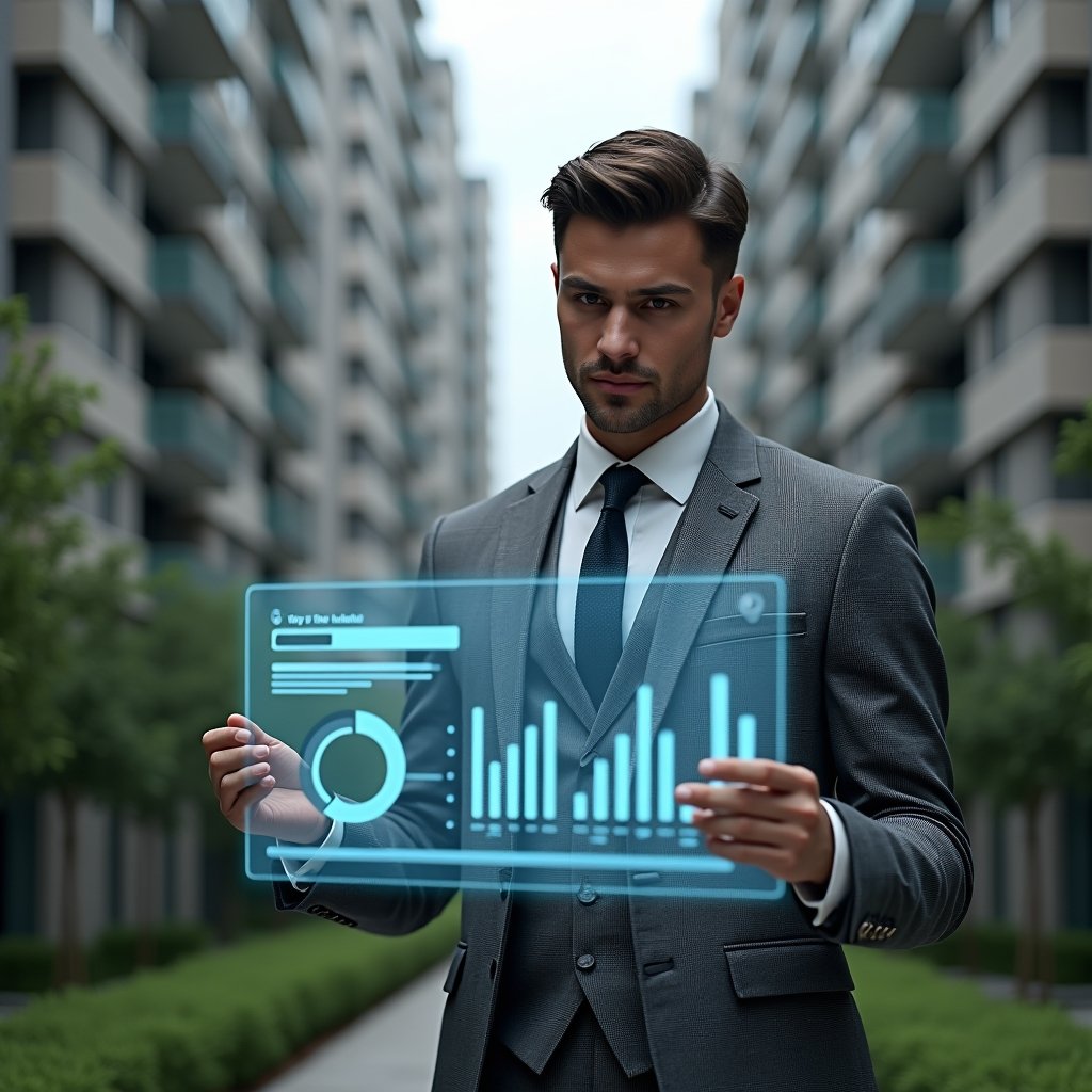 Ultra-realistic condominium manager in a tailored gray suit, set in a modern luxury condominium environment with high-rise buildings and meticulously landscaped greenery, reviewing a holographic financial report with glowing pie charts and bar graphs, conveying confidence and focus, cinematic lighting, shallow depth of field, highly detailed textures, realistic skin, photographic realism, 8k resolution --ar 1:1 --v 6