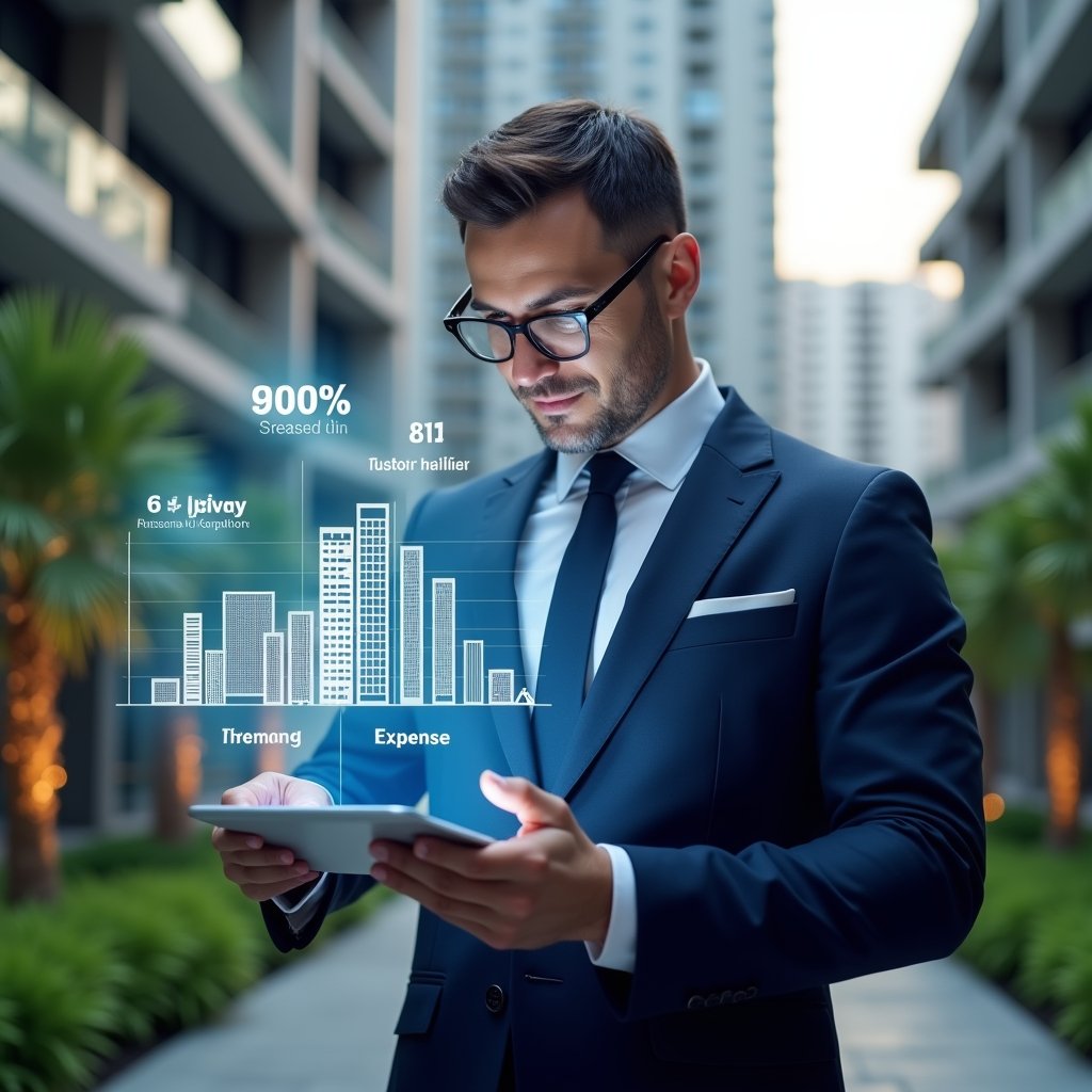 Ultra-realistic property manager in a navy blue suit, set in a modern luxury condominium environment with high-rise buildings and green landscaping, examining a holographic budget chart floating above a tablet, with glowing expense reduction icons and building blueprints projected around, confident and analytical expression, cinematic lighting, shallow depth of field, highly detailed textures, realistic skin, photographic realism, 8k resolution --ar 1:1 --v 6