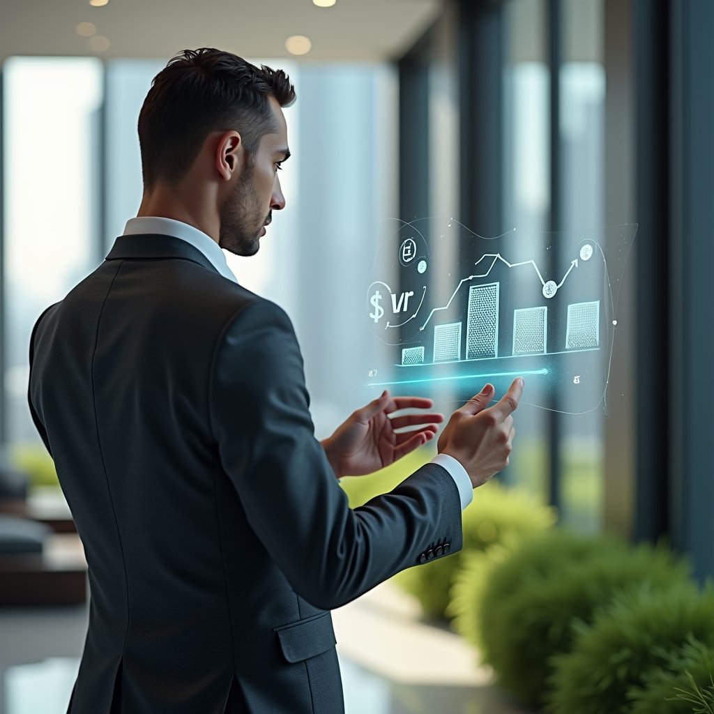 Ultra-realistic condominium manager in a charcoal gray executive suit, set in a modern luxury condominium environment with high-rise buildings and green landscaping, standing in a sleek lobby, confidently analyzing a holographic financial chart showing cost reduction graphs and coin icons, cinematic lighting, shallow depth of field, highly detailed textures, realistic skin, photographic realism, 8k resolution --ar 1:1 --v 6