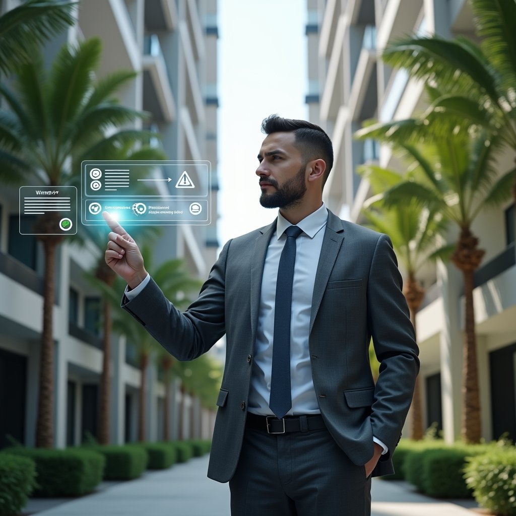 Ultra-realistic condominium manager in a tailored gray suit, set in a modern luxury condominium environment with high-rise buildings and meticulously maintained green landscaping, interacting with holographic icons of warning symbols and checklists that illustrate common management errors and solutions, pointing confidently at a resolved item, cinematic lighting, shallow depth of field, highly detailed textures, realistic skin, photographic realism, 8k resolution --ar 1:1 --v 6