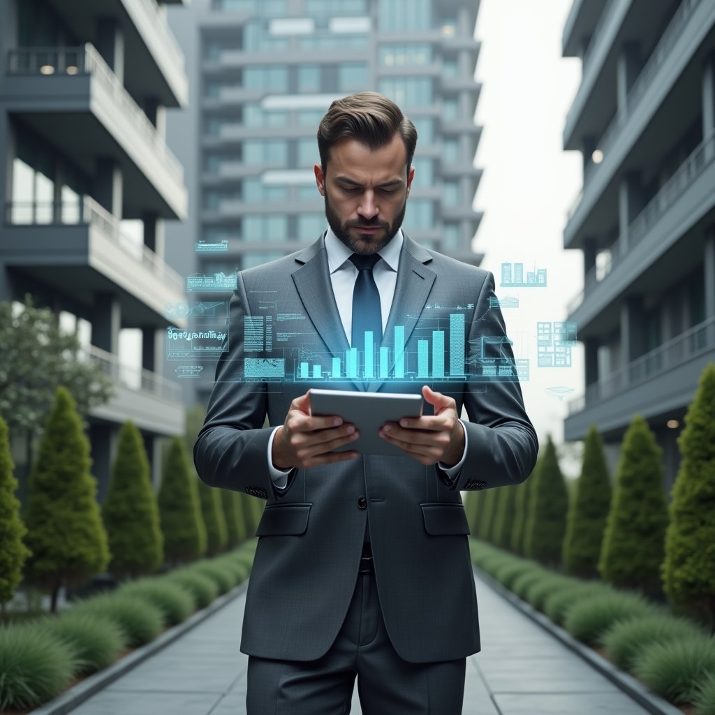 Ultra-realistic condominium manager in a charcoal gray suit, set in a modern luxury condominium environment with high-rise buildings and manicured greenery, mid-shot of a confident property administrator reviewing a floating holographic financial chart, translucent icons of receipts and spreadsheets orbiting around, cinematic lighting, shallow depth of field, highly detailed textures, realistic skin, photographic realism, 8k resolution --ar 1:1 --v 6