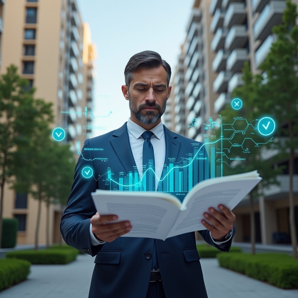 (Ultra-realistic condominium manager in a tailored navy suit, set in a modern luxury condominium environment with high-rise buildings and manicured green landscaping, reviewing transparent holographic financial charts and holding detailed ledgers with an expression of focused confidence, floating error icons and checkmark symbols symbolizing common accounting mistakes and corrections, cinematic lighting, shallow depth of field, highly detailed textures, realistic skin, photographic realism, 8k resolution --ar 1:1 --v 6)
