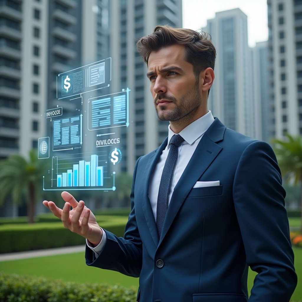 Ultra-realistic condominium manager in a navy blue tailored suit, set in a modern luxury condominium environment with high-rise buildings and lush green landscaping, mid-shot examining floating holographic financial charts and invoice icons, thoughtful and confident expression, cinematic lighting, shallow depth of field, highly detailed textures, realistic skin, photographic realism, 8k resolution --ar 1:1 --v 6