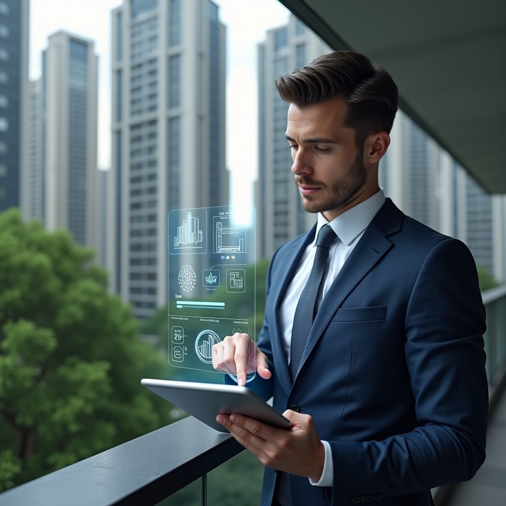 (Ultra-realistic condominium manager in a tailored navy suit, set in a modern luxury condominium environment with high-rise buildings and lush green landscaping, reviewing holographic financial charts and digital receipts hovering above a sleek tablet, thoughtful expression as they point to a bar graph icon symbolizing transparent accounting, cinematic lighting, shallow depth of field, highly detailed textures, realistic skin, photographic realism, 8k resolution --ar 1:1 --v 6)