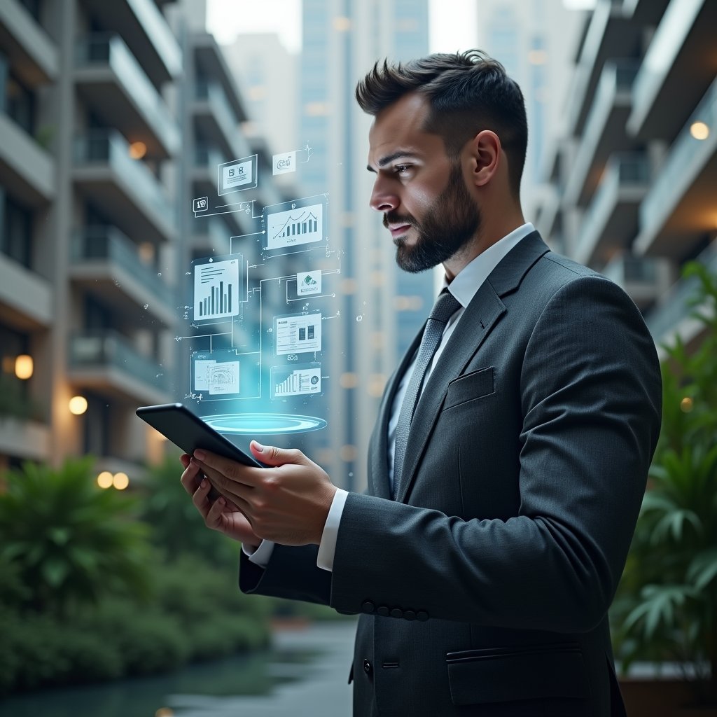 (Ultra-realistic condominium manager in a dark gray tailored suit, set in a modern luxury condominium environment with high-rise buildings and lush green landscaping, reviewing holographic financial reports with a confident and focused expression, floating icons of charts and documents symbolizing transparency and accounting accuracy, cinematic lighting, shallow depth of field, highly detailed textures, realistic skin, photographic realism, 8k resolution --ar 1:1 --v 6)