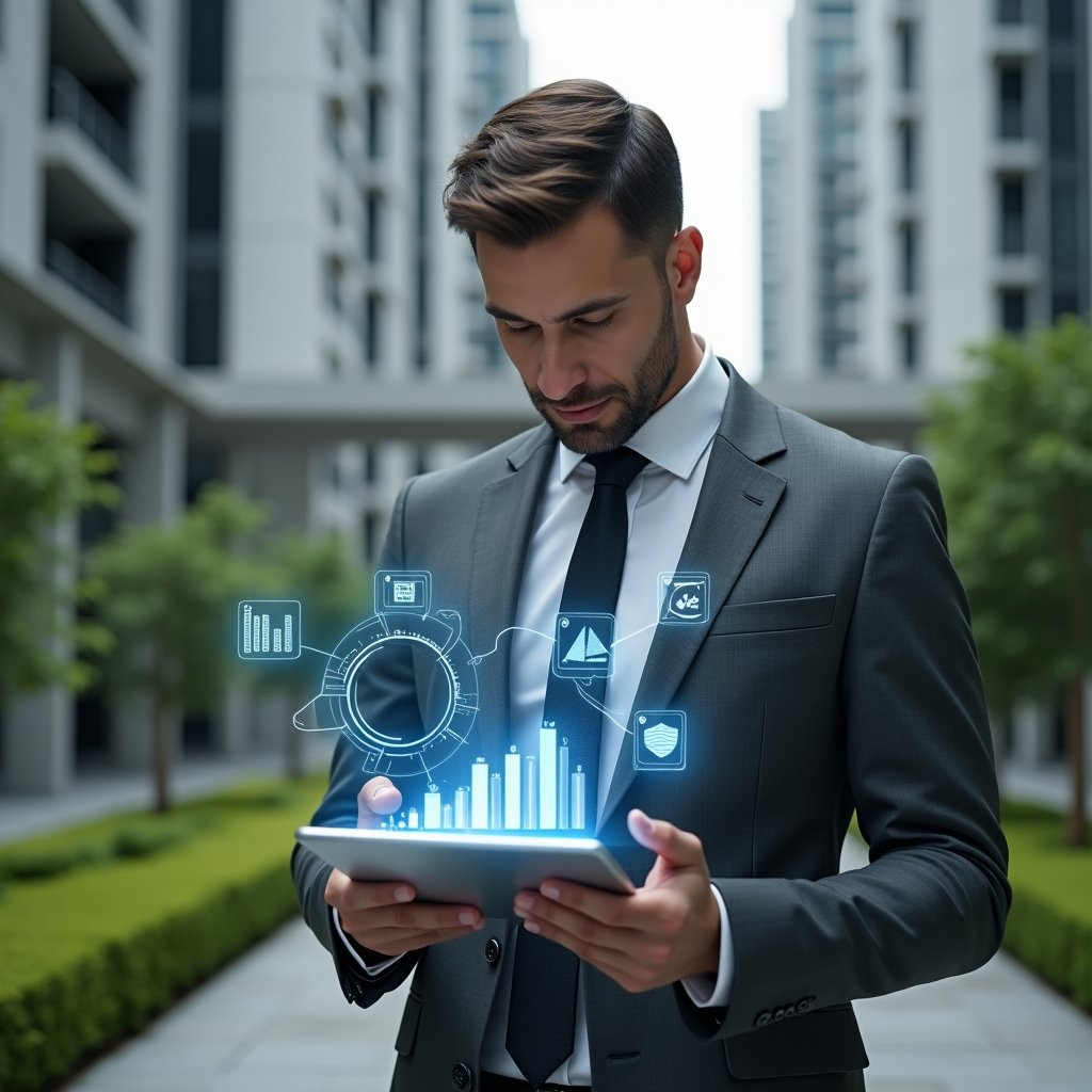 (Ultra-realistic condominium manager in a charcoal gray suit, set in a modern luxury condominium environment with high-rise buildings and manicured green landscaping, mid-shot focus on a confident male building manager examining a transparent holographic financial report hovering above a tablet, holographic icons of charts and currency symbols floating around, cinematic lighting, shallow depth of field, highly detailed textures, realistic skin, photographic realism, 8k resolution --ar 1:1 --v 6)