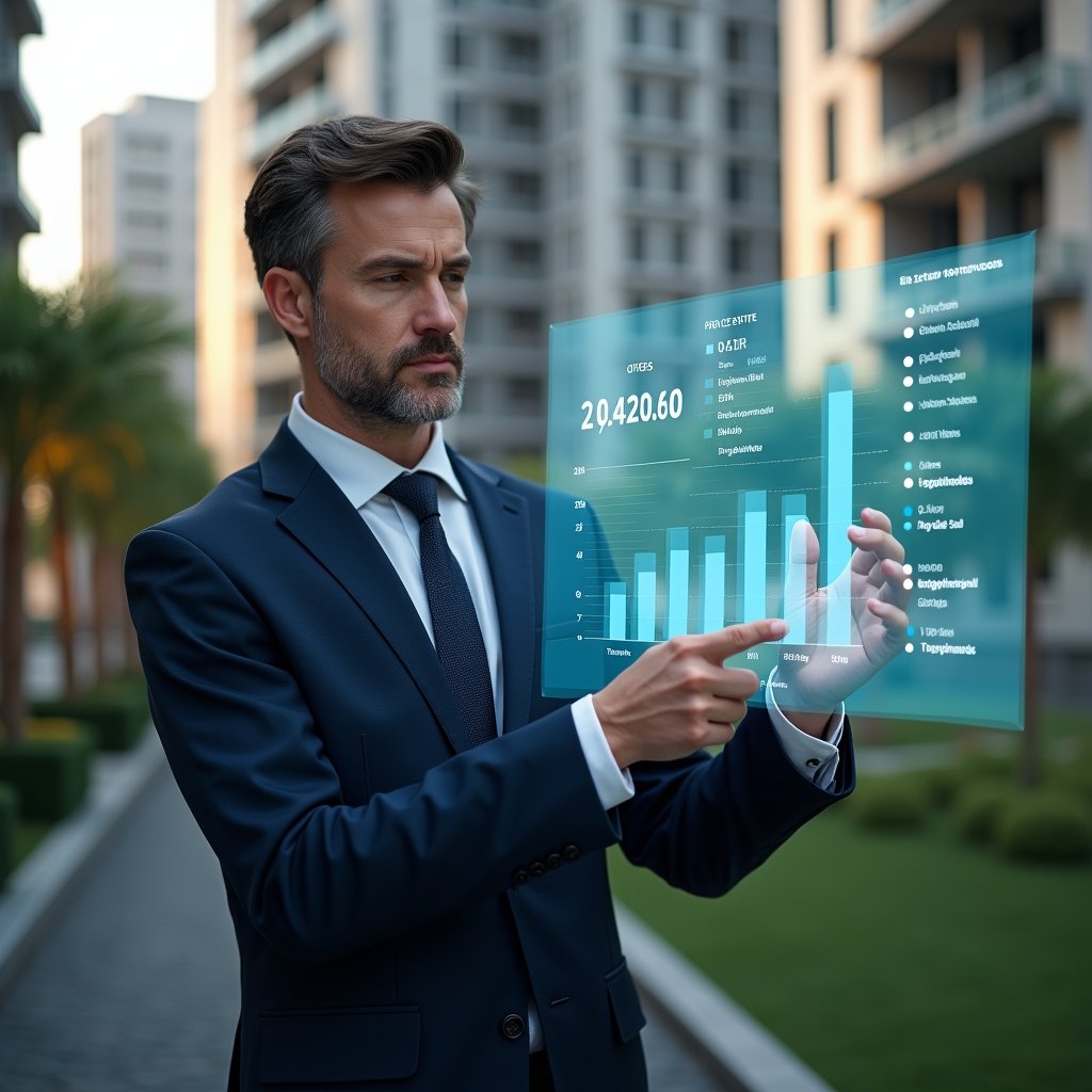 (Ultra-realistic condominium manager in a navy executive suit, set in a modern luxury condominium environment with high-rise buildings and meticulously landscaped greenery, analyzing a holographic budgeting chart displaying savings graphs and expense forecasts, thoughtful and confident expression, cinematic lighting, shallow depth of field, highly detailed textures, realistic skin, photographic realism, 8k resolution --ar 1:1 --v 6)