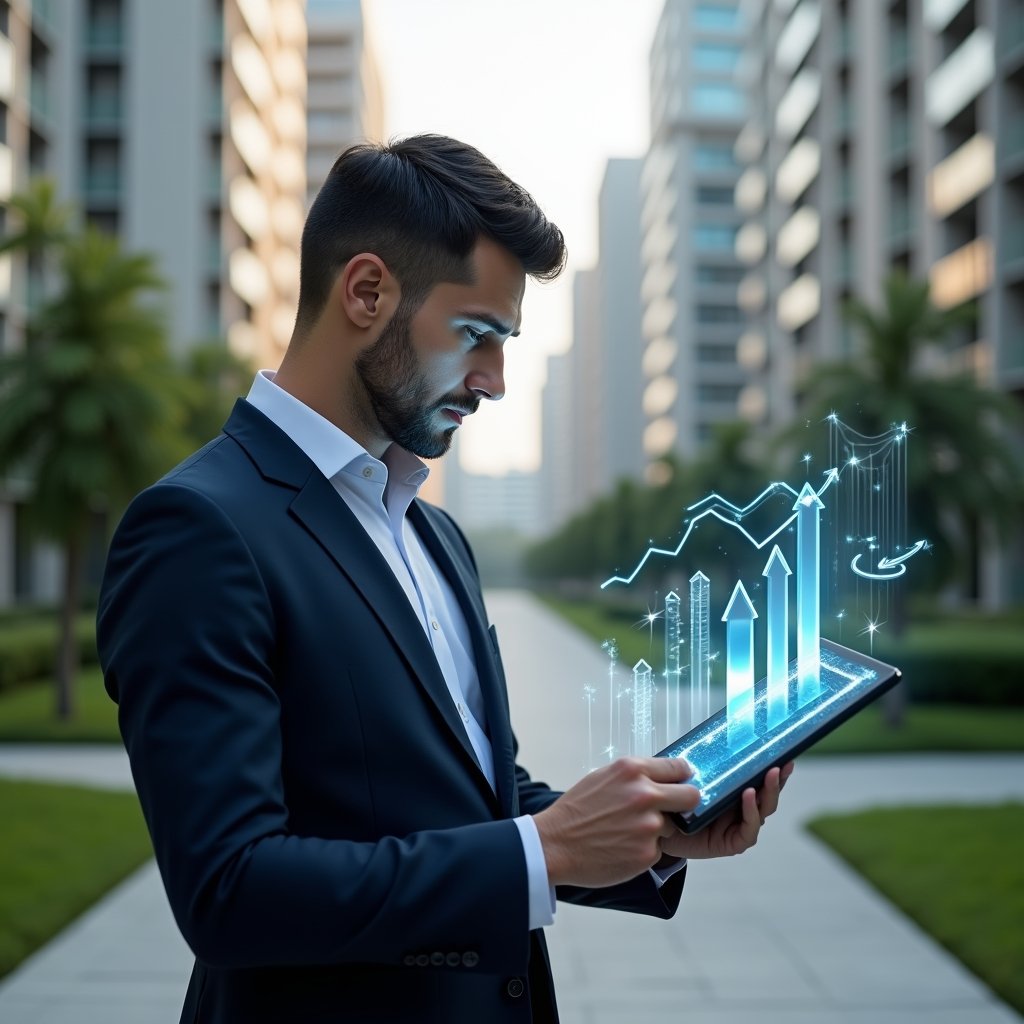 Ultra-realistic condominium manager in a navy suit, set in a modern luxury condominium environment with high-rise buildings and manicured green landscaping, holding a tablet displaying holographic financial charts and downward arrows symbolizing cost savings, examining the data with a confident, focused expression, cinematic lighting, shallow depth of field, highly detailed textures, realistic skin, photographic realism, 8k resolution --ar 1:1 --v 6