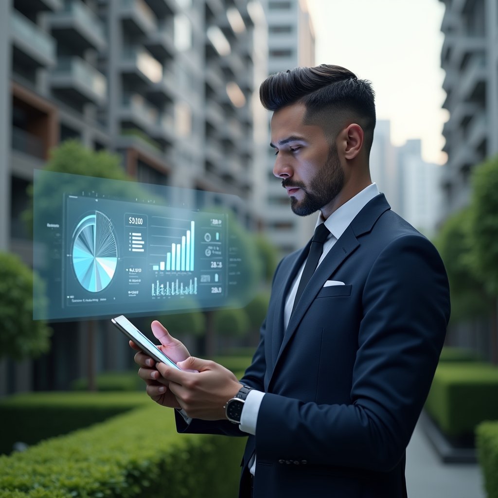 (Ultra-realistic condominium manager in a tailored navy suit, set in a modern luxury condominium environment with high-rise buildings and manicured green landscaping, mid-shot of the manager confidently reviewing a holographic financial dashboard projected from a tablet, glowing pie charts and budget icons floating beside them to symbolize cost optimization, cinematic lighting, shallow depth of field, highly detailed textures, realistic skin, photographic realism, 8k resolution --ar 1:1 --v 6)
