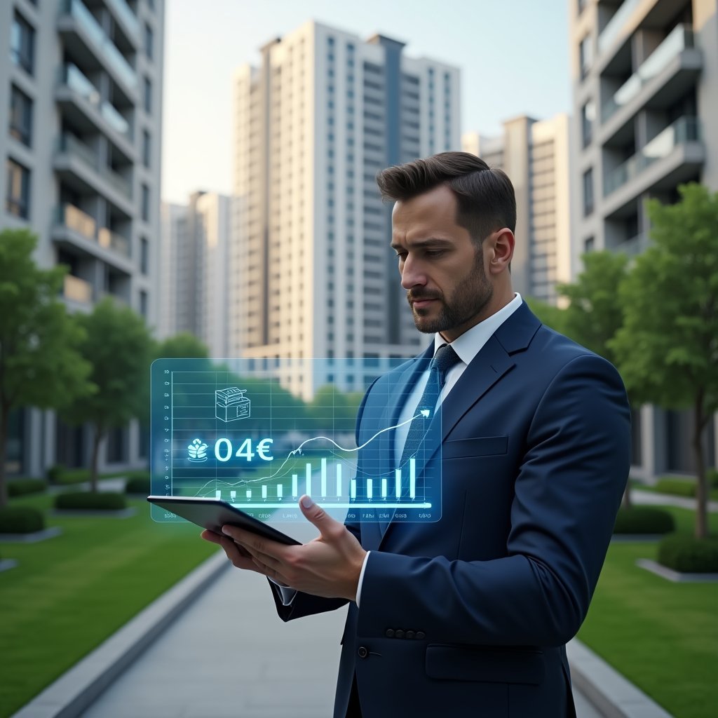 (Ultra-realistic condominium manager in a tailored navy suit, set in a modern luxury condominium environment with high-rise buildings and manicured green lawns, analyzing a holographic budget chart with a downward cost arrow projected from a tablet, cinematic lighting, shallow depth of field, highly detailed textures, realistic skin, photographic realism, 8k resolution --ar 1:1 --v 6)