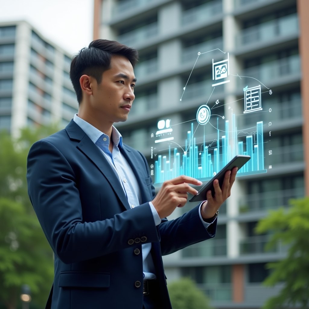 Ultra-realistic condominium manager in a navy blue business suit, set in a modern luxury condominium environment with high-rise buildings and lush green landscaping, reviewing holographic financial charts projected from a tablet, confident and focused expression, floating cost-saving icons like coin stacks and calendar symbols, cinematic lighting, shallow depth of field, highly detailed textures, realistic skin, photographic realism, 8k resolution --ar 1:1 --v 6